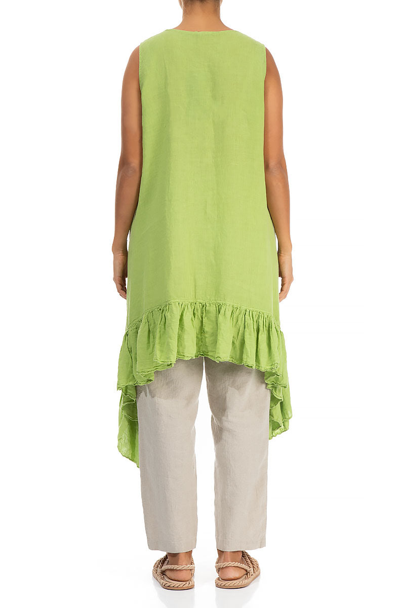 Ruffled Hem Sleeveless Lime Linen Tunic - Dress