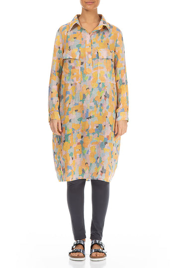 Orange Burst Print Linen Shirt Dress