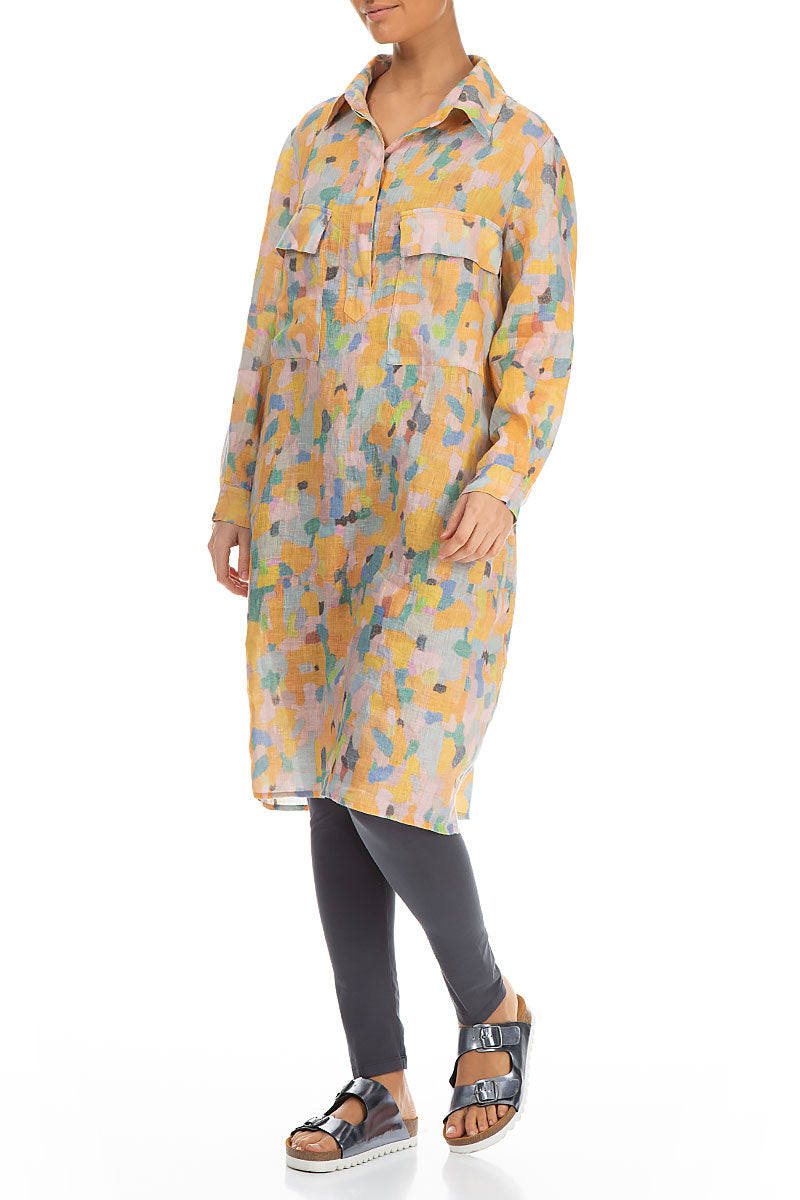 Orange Burst Print Linen Shirt Dress