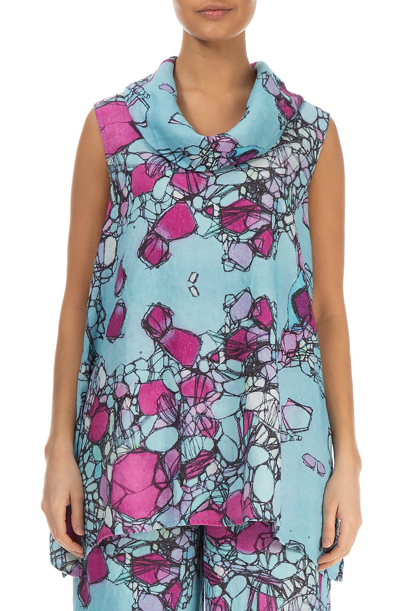 Cowl Neck Gemstone Print Linen Blouse