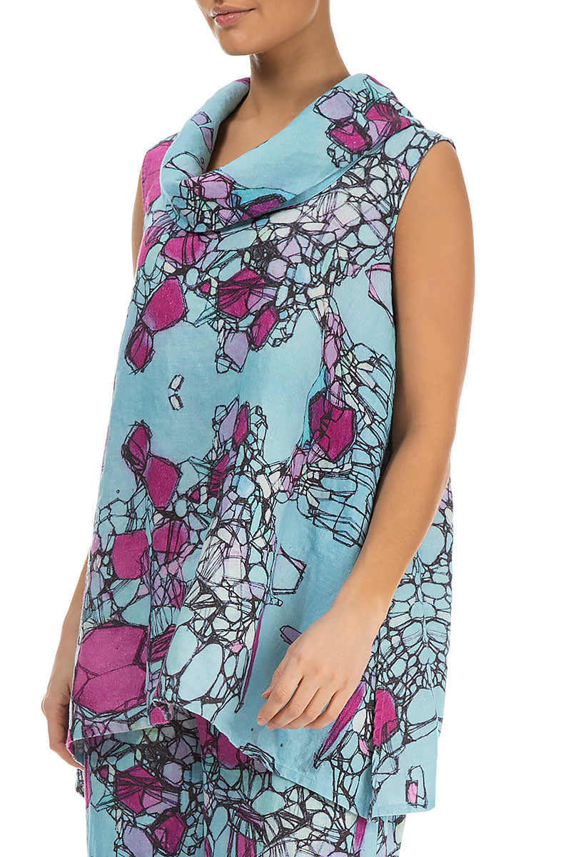 Cowl Neck Gemstone Print Linen Blouse