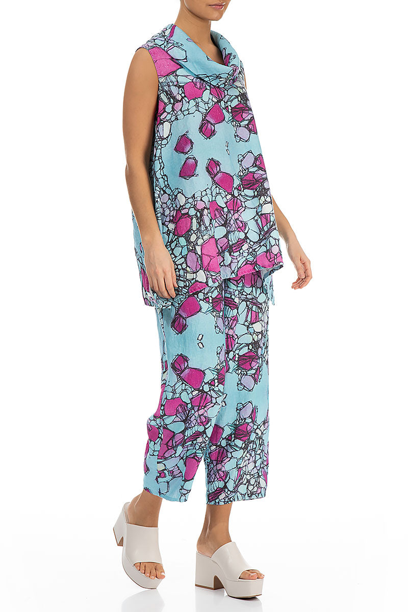 Cowl Neck Gemstone Print Linen Blouse