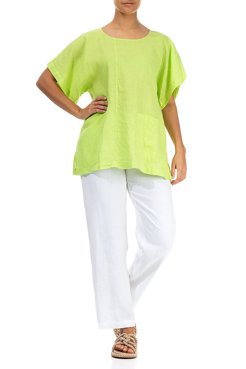 Short Sleeves Lime Green Linen Blouse