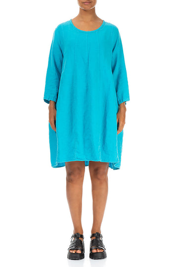 Midi Balloon Bright Turquoise Linen Dress