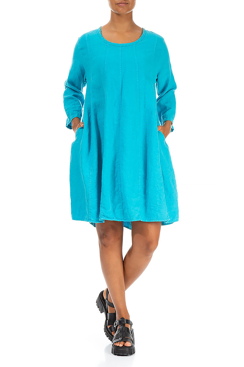 Midi Balloon Bright Turquoise Linen Dress