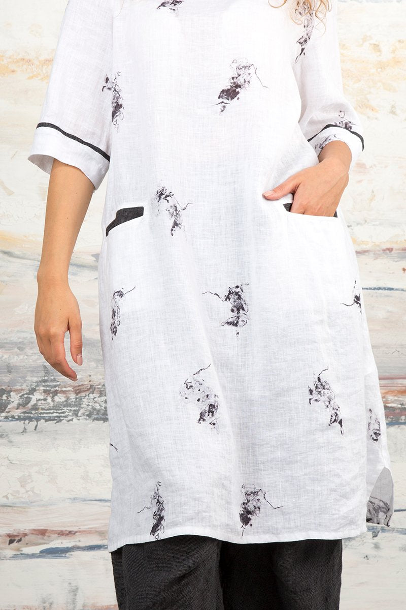 Minimal Print White Linen Tunic