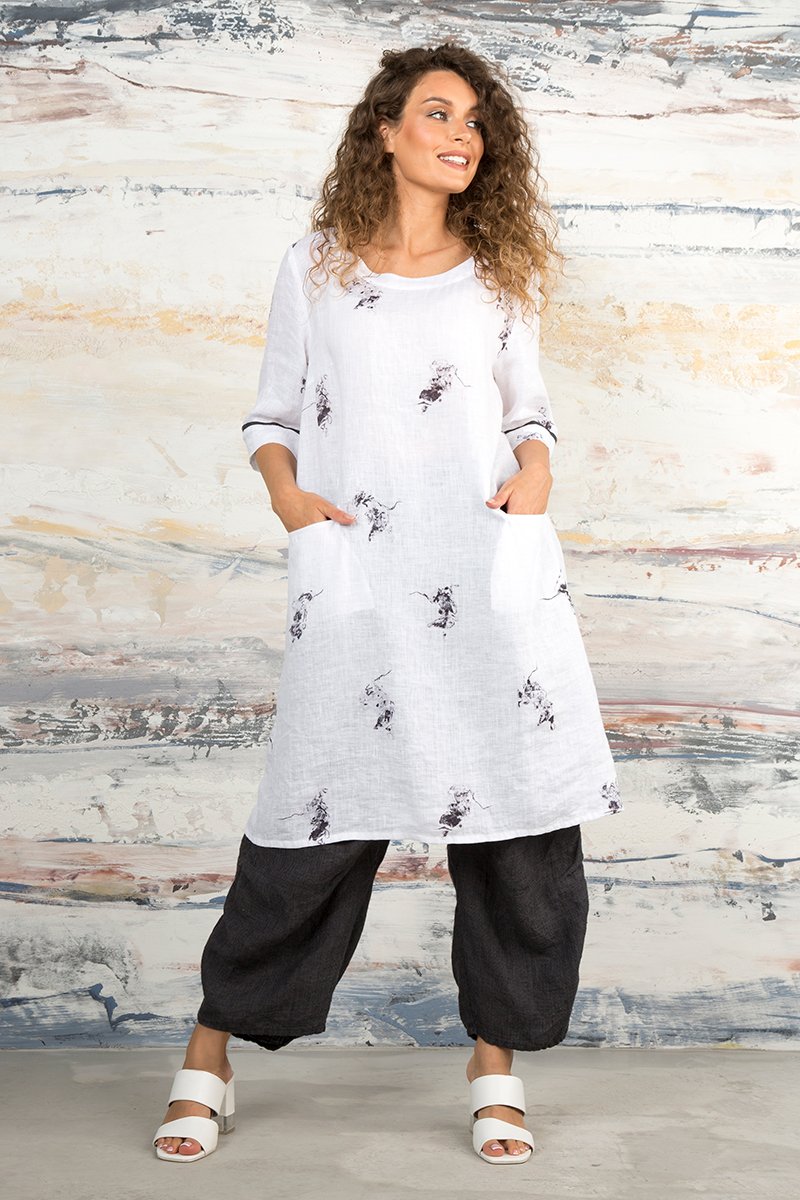 Minimal Print White Linen Tunic