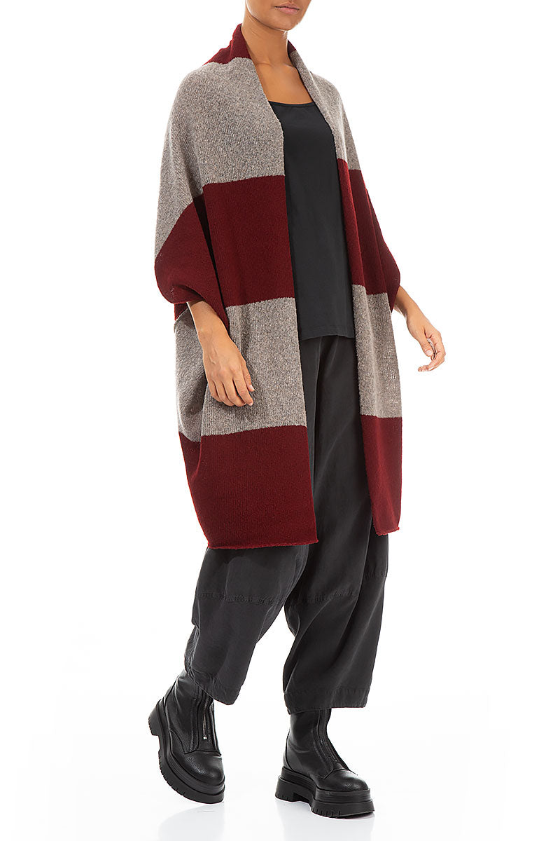 Open Reversible Burgundy Beige Wool Wrap Cardigan