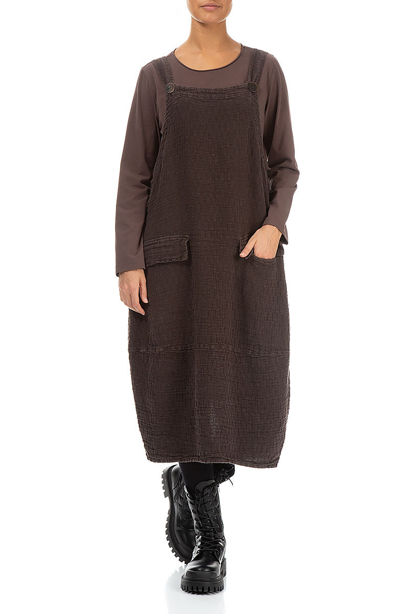 Pepper Brown Textured Linen Overall Dress
