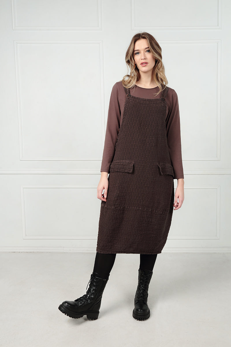 Pepper Brown Textured Linen Overall Dress