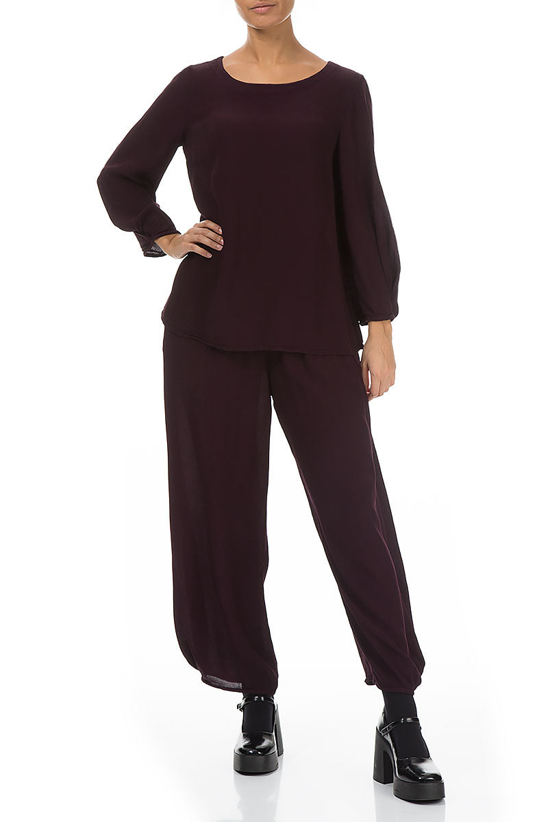 Puff Sleeves Aubergine Viscose Blouse