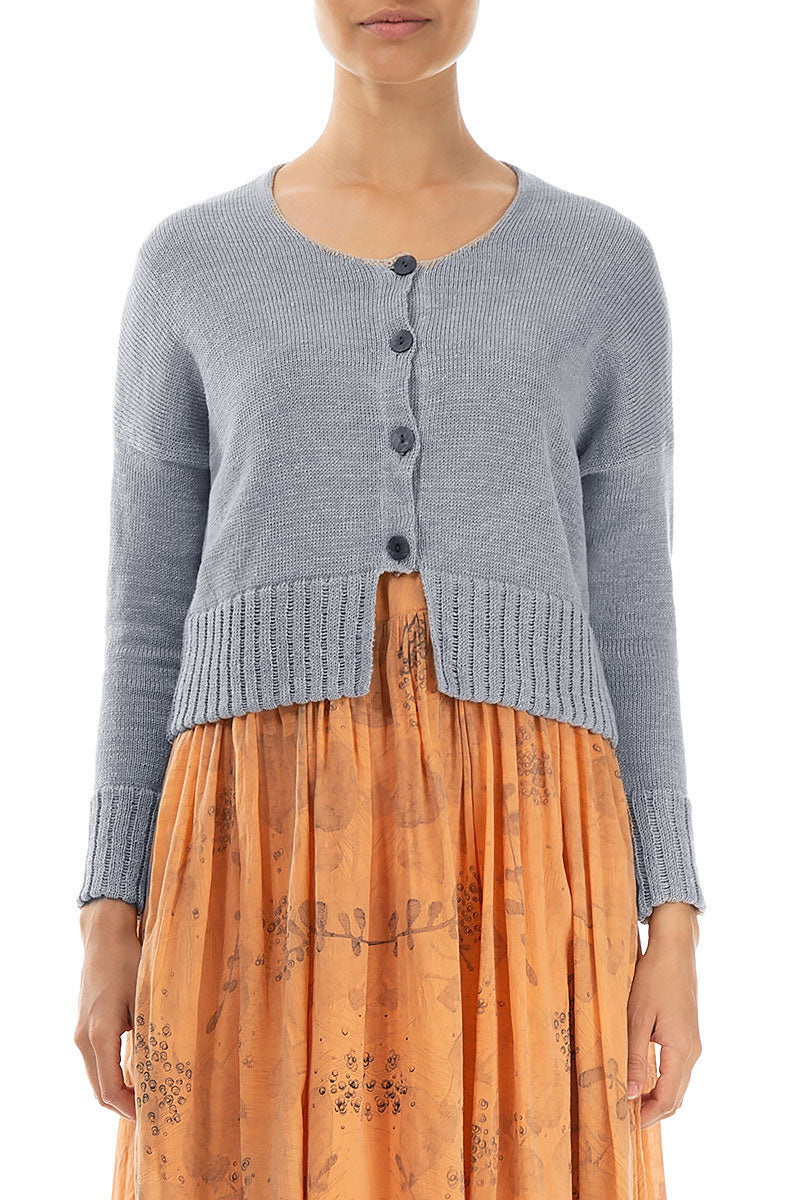 Ribbed Hem Grey Linen Cardigan