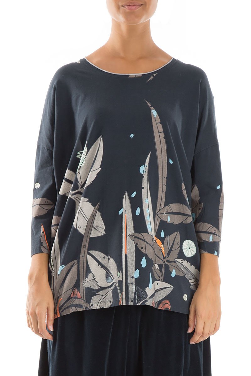 Round Neck Leaves Print Cotton Blouse