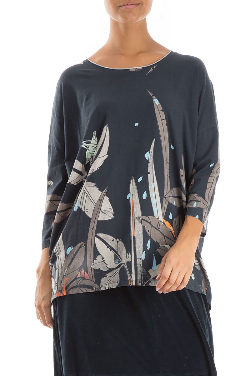 Round Neck Leaves Print Cotton Blouse