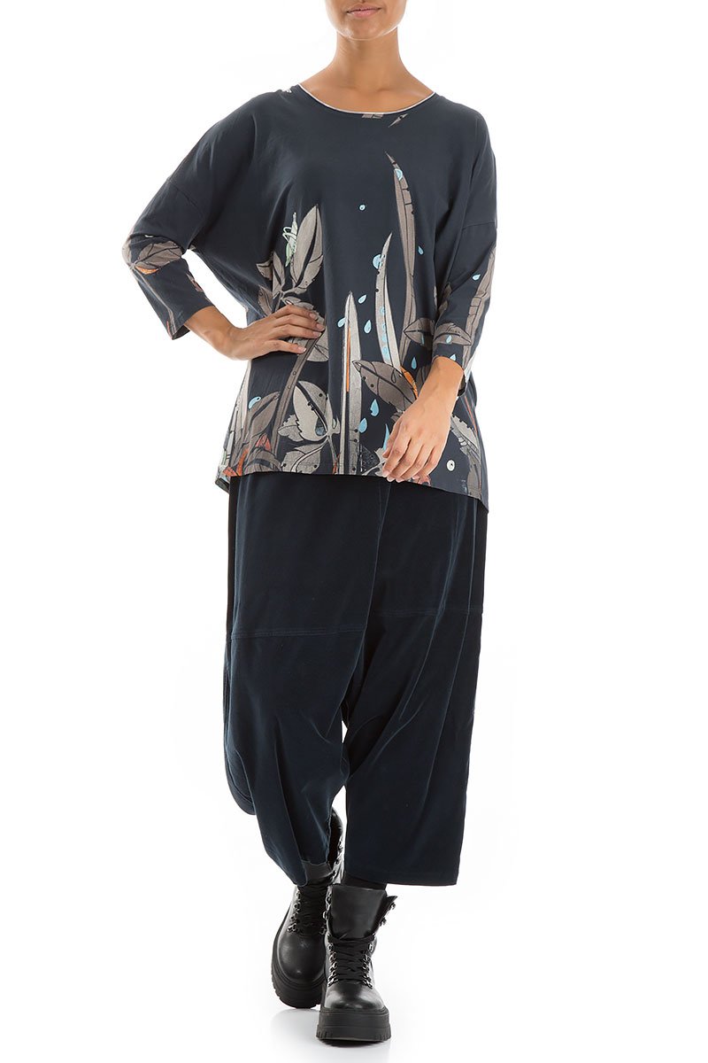 Round Neck Leaves Print Cotton Blouse