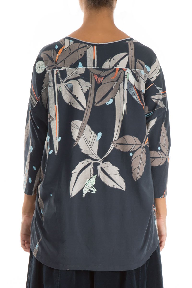 Round Neck Leaves Print Cotton Blouse