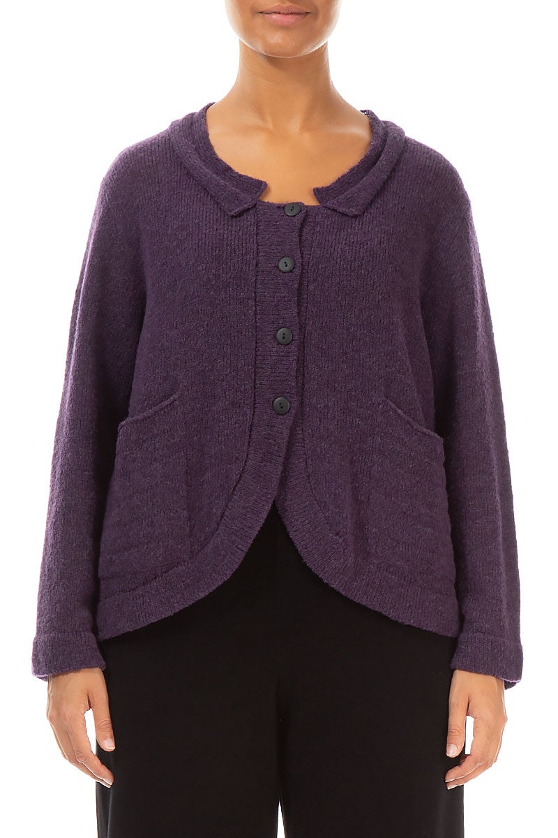Rounded Front Purple Wool Cardigan