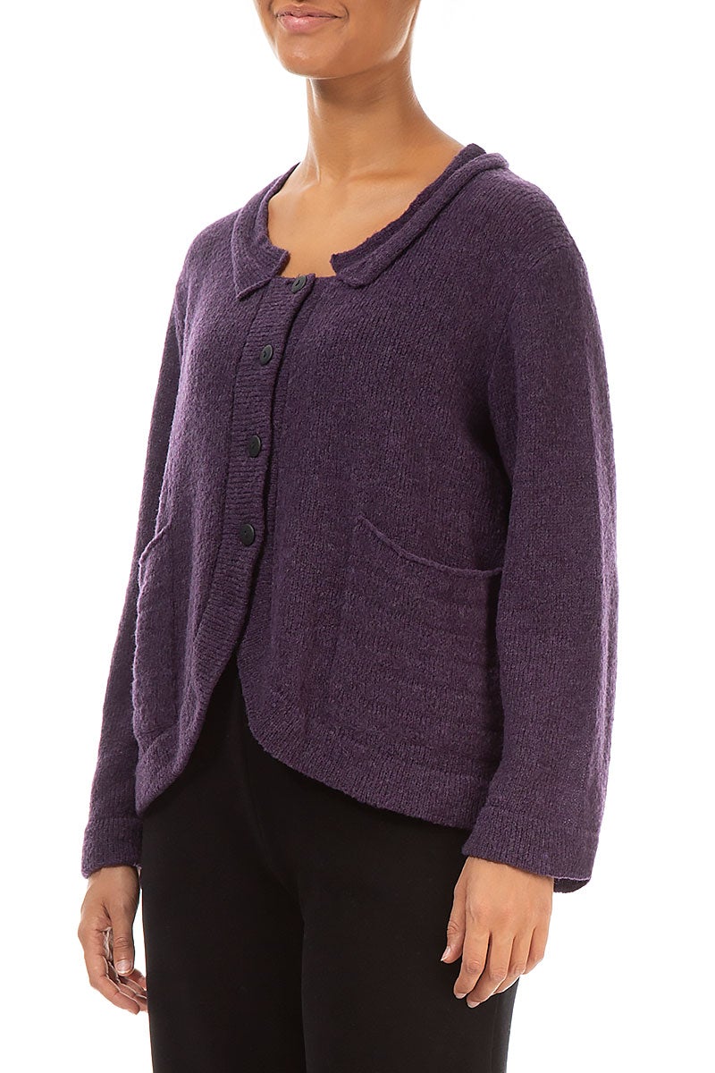 Rounded Front Purple Wool Cardigan