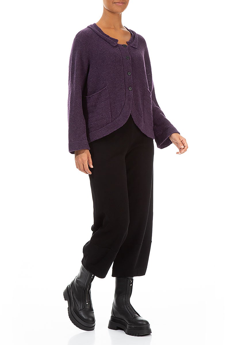 Rounded Front Purple Wool Cardigan