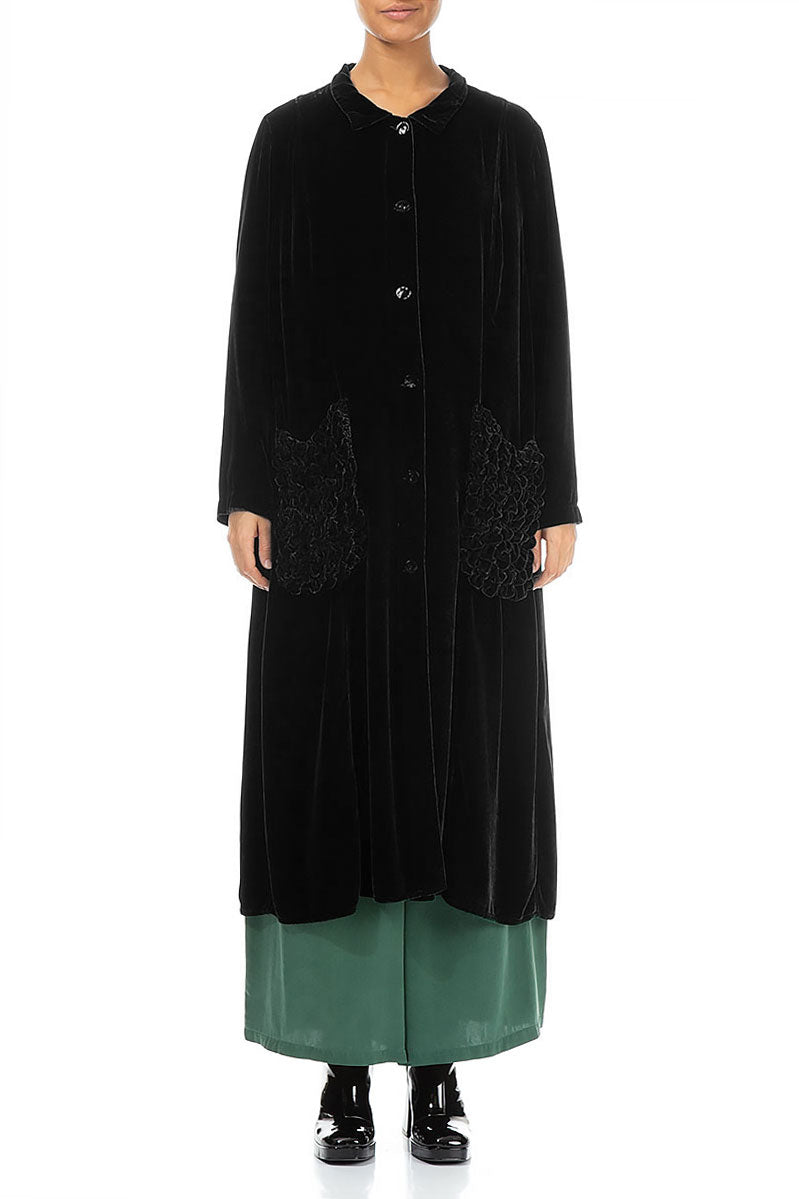 Ruched Pockets Black Silk Velvet Jacket - Coat