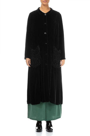 Ruched Pockets Black Silk Velvet Jacket - Coat