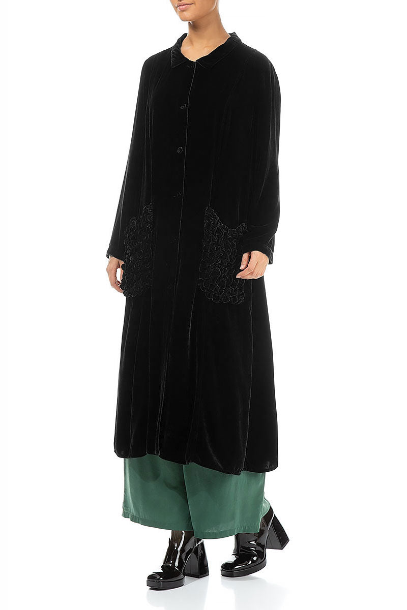 Ruched Pockets Black Silk Velvet Jacket - Coat