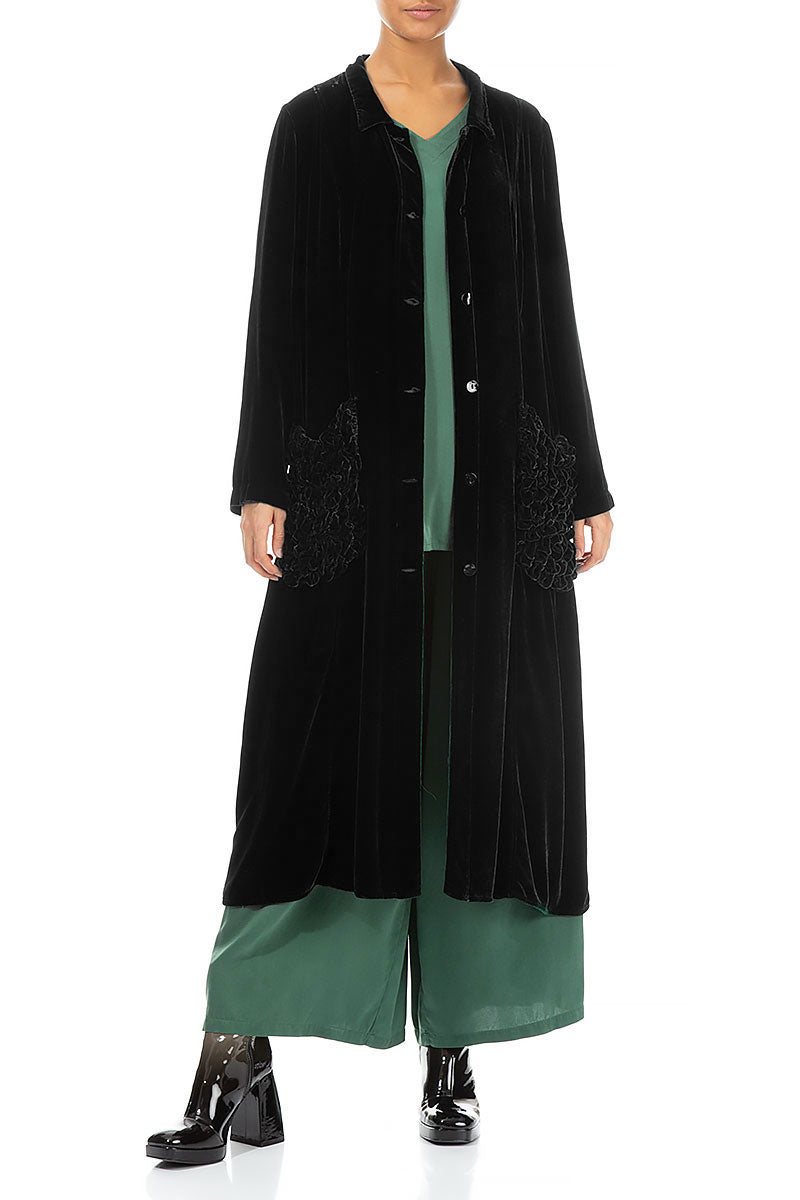 Ruched Pockets Black Silk Velvet Jacket - Coat