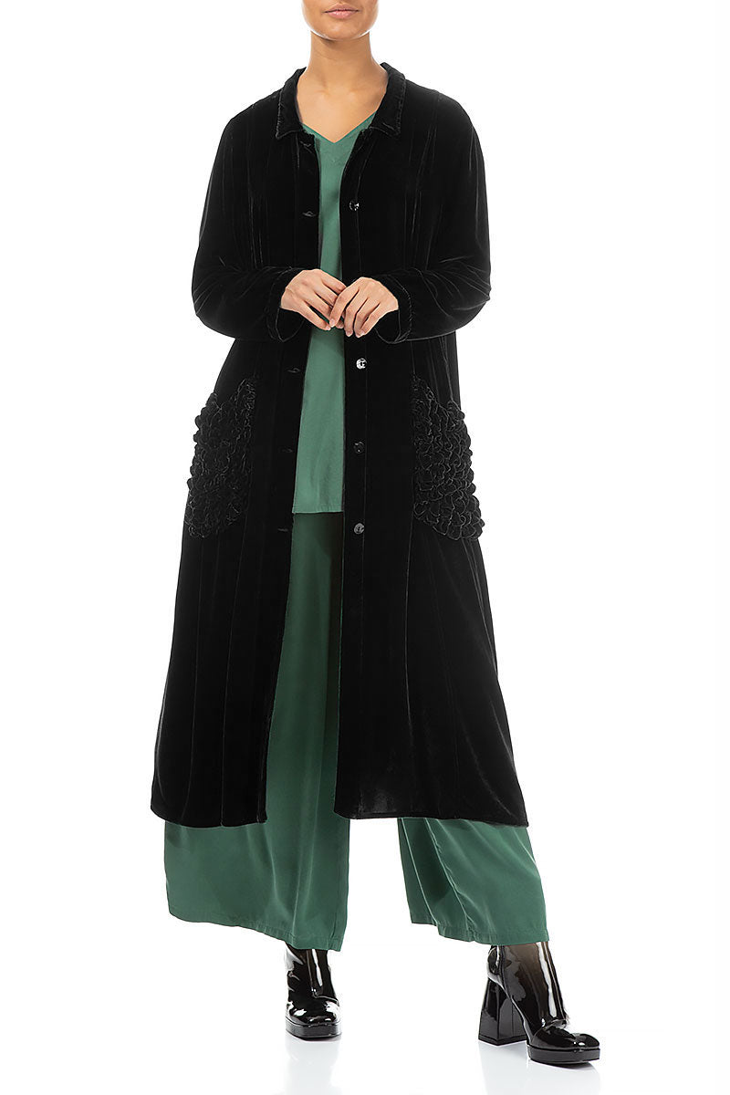 Ruched Pockets Black Silk Velvet Jacket - Coat