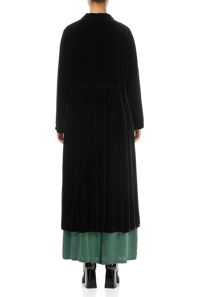 Ruched Pockets Black Silk Velvet Jacket - Coat