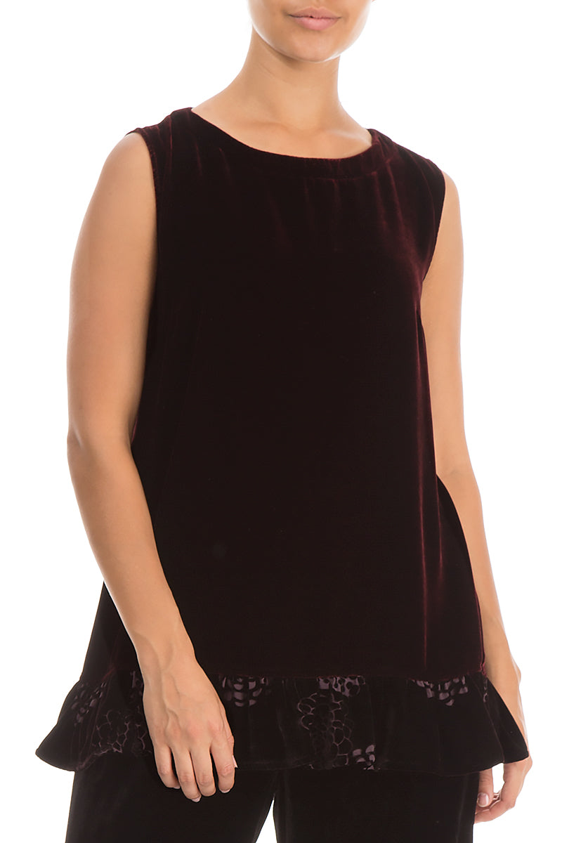 Ruffle Hem Sleeveless Devoré Burgundy Silk Velvet Blouse