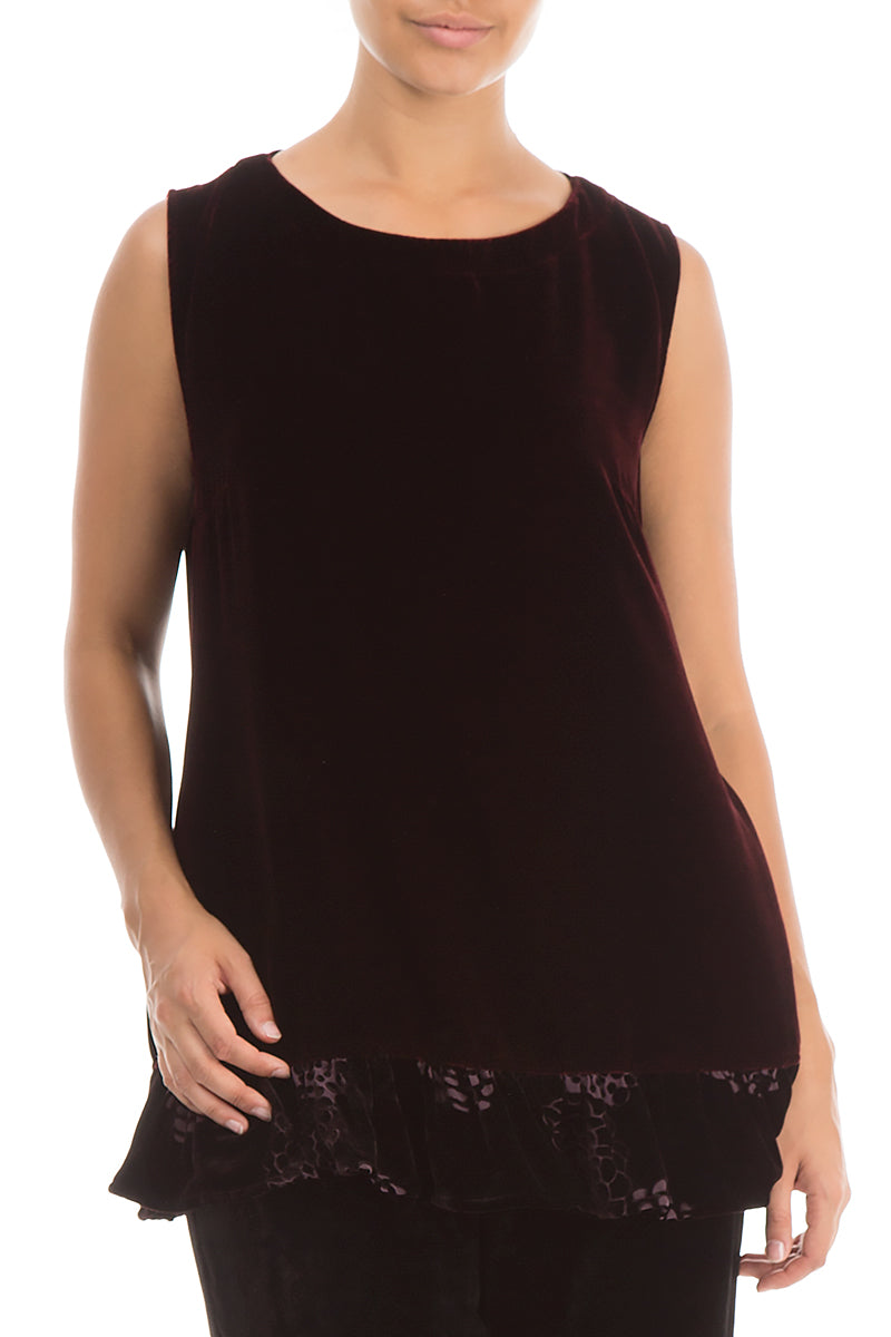 Ruffle Hem Sleeveless Devoré Burgundy Silk Velvet Blouse