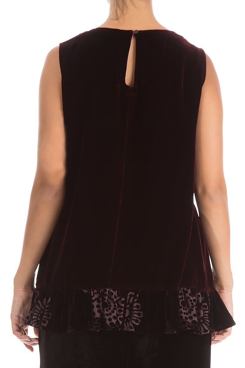 Ruffle Hem Sleeveless Devoré Burgundy Silk Velvet Blouse