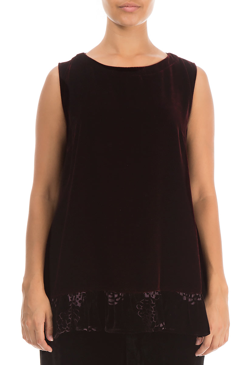 Ruffle Hem Sleeveless Devoré Burgundy Silk Velvet Blouse