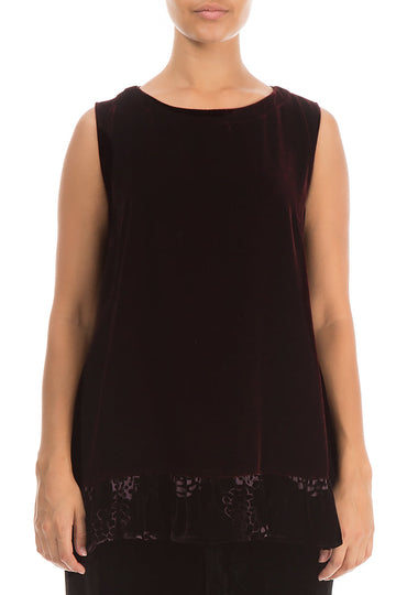Ruffle Hem Sleeveless Devoré Burgundy Silk Velvet Blouse