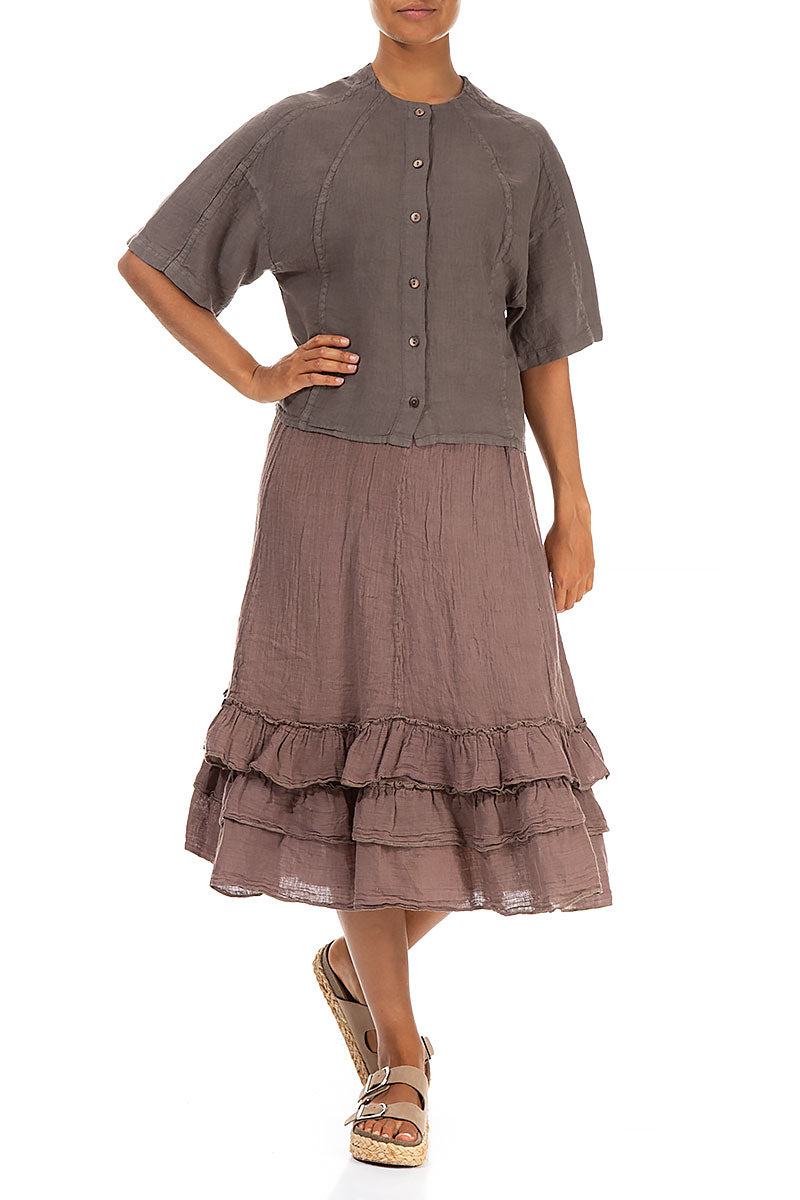 Ruffled Cocoa Linen Midi Skirt
