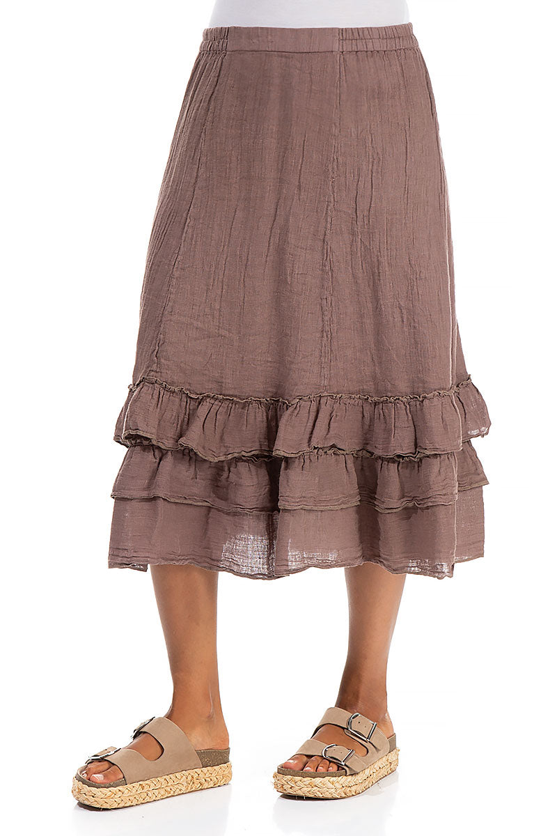 Ruffled Cocoa Linen Midi Skirt