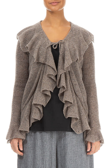 Ruffles Decorated Beige Wool Cardigan