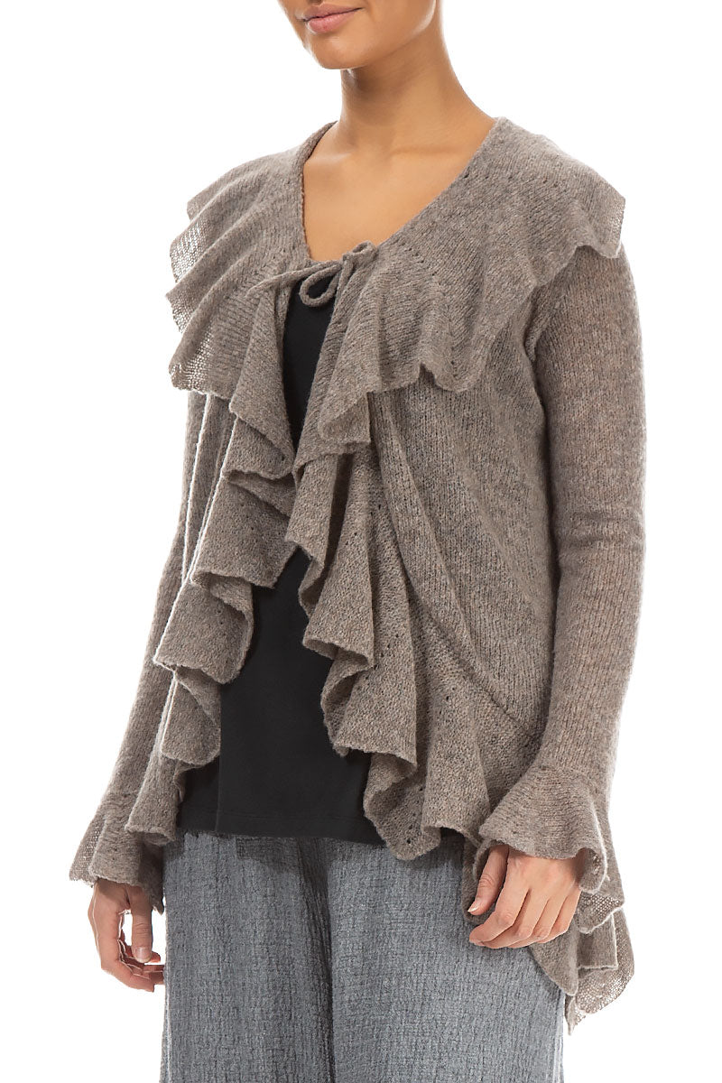 Ruffles Decorated Beige Wool Cardigan