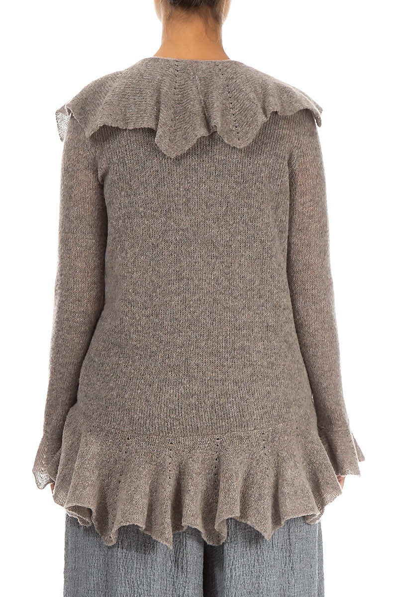 Ruffles Decorated Beige Wool Cardigan