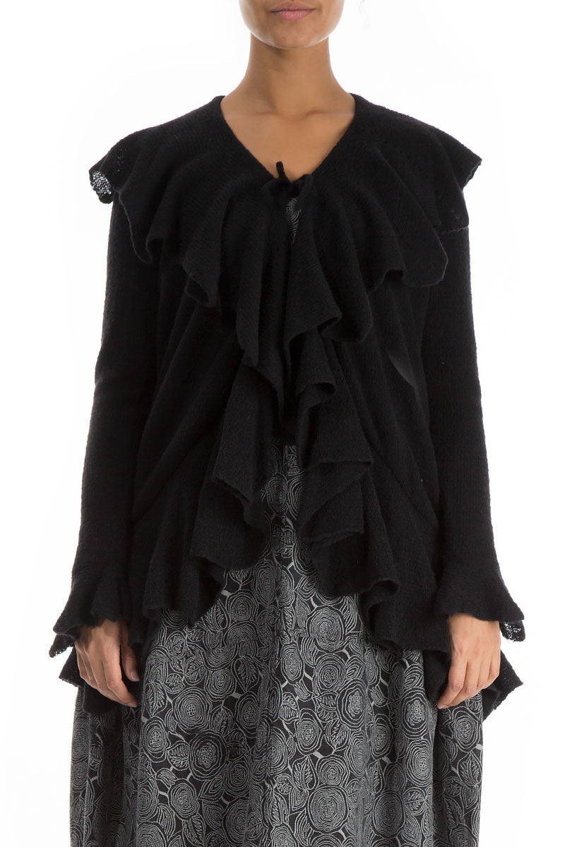 Ruffles Decorated Black Wool Cardigan