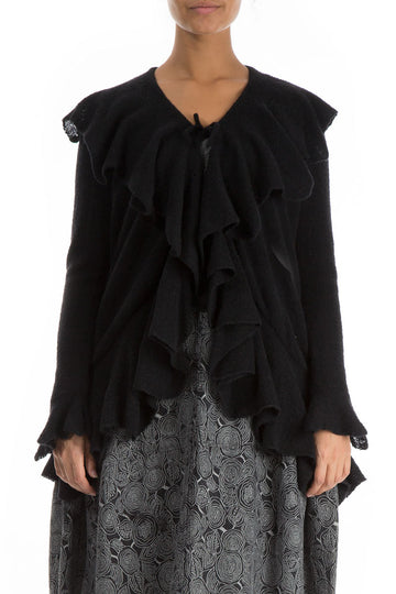 Ruffles Decorated Black Wool Cardigan