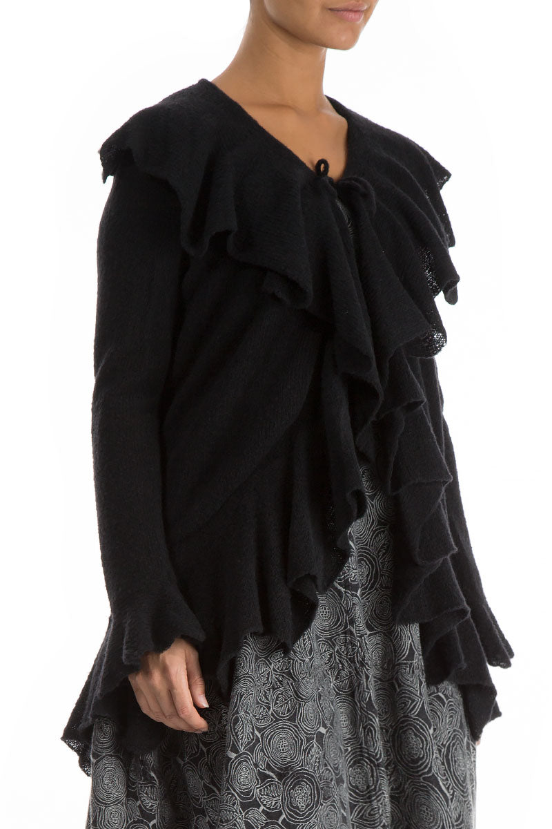 Ruffles Decorated Black Wool Cardigan