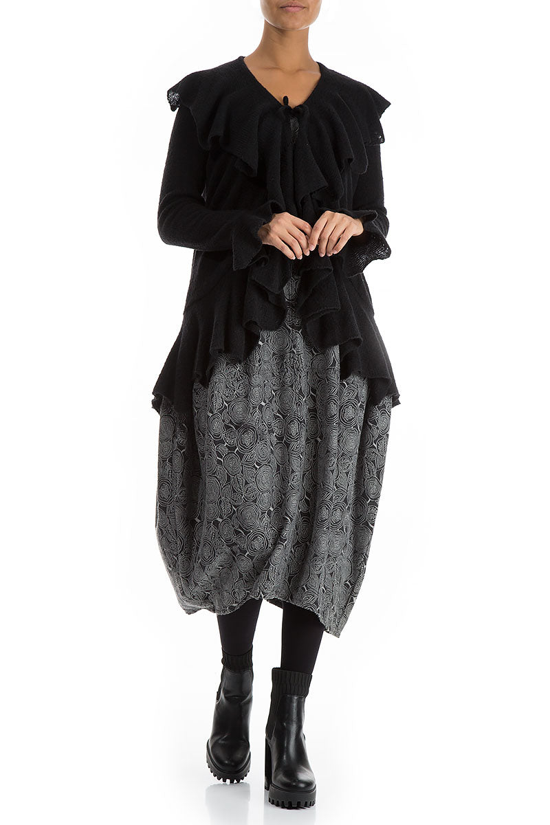 Ruffles Decorated Black Wool Cardigan