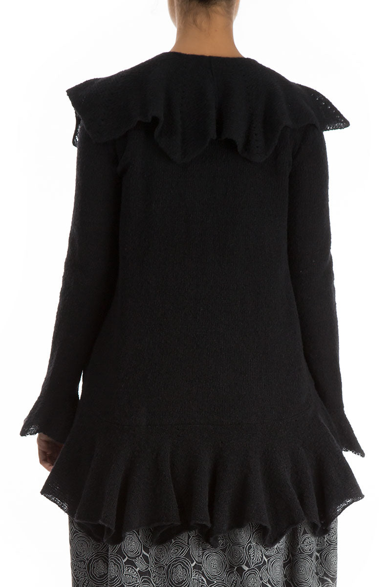 Ruffles Decorated Black Wool Cardigan