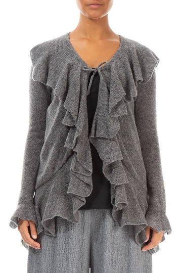 Ruffles Decorated Grey Wool Cardigan