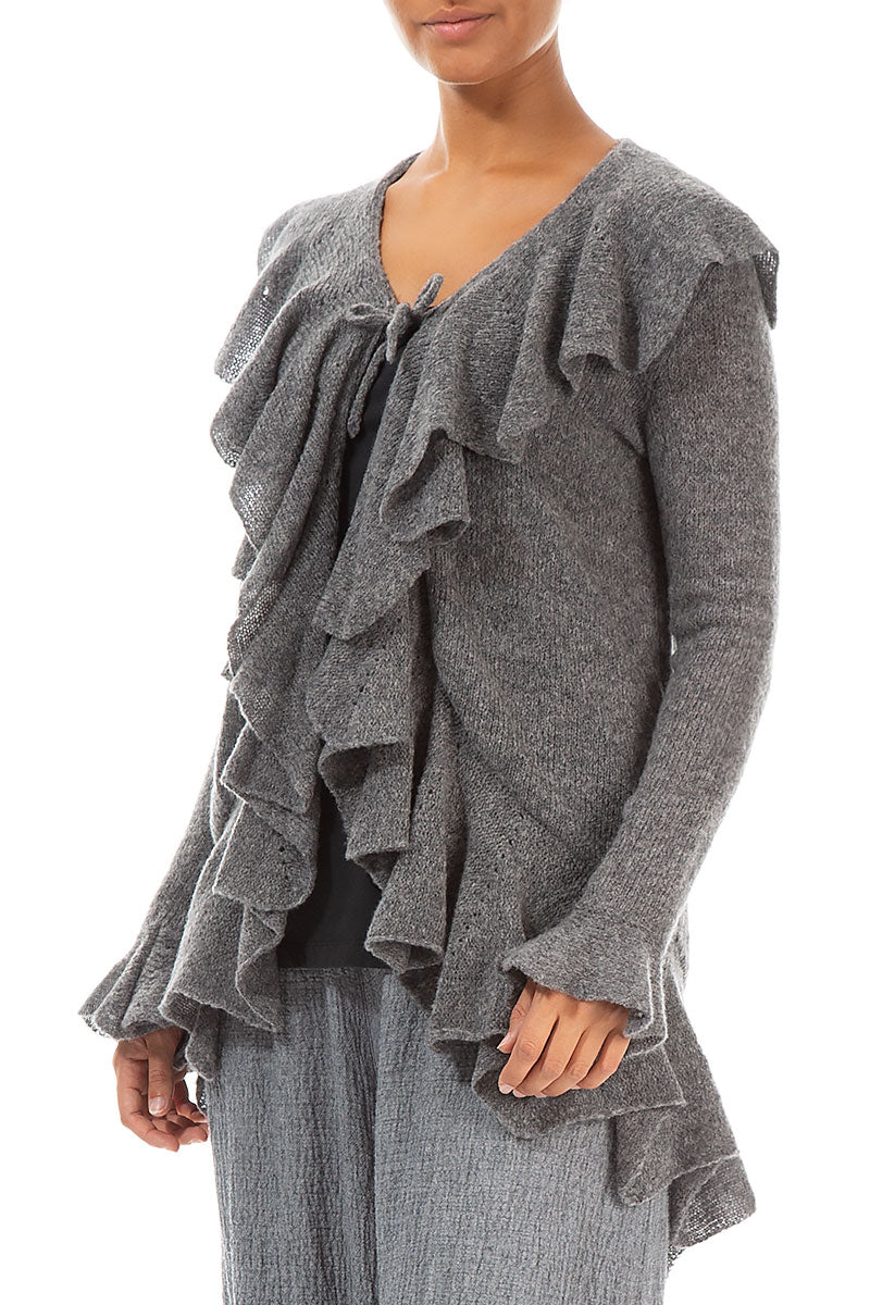 Ruffles Decorated Grey Wool Cardigan
