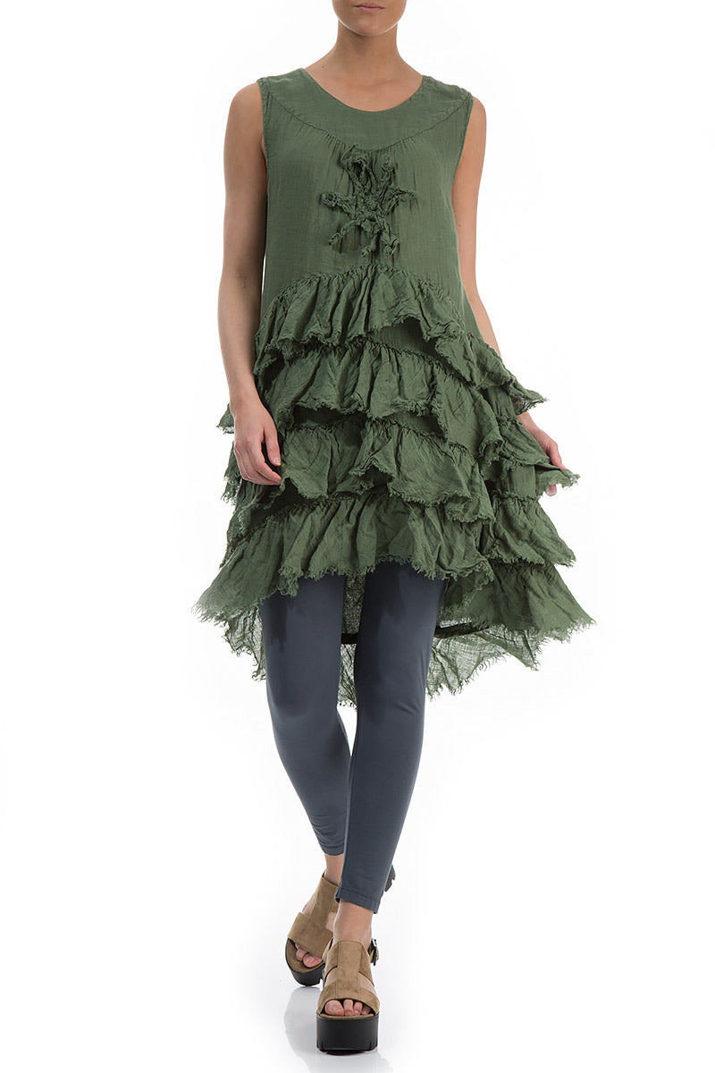 Ruffles Decorated Olive Linen Tunic - Dress