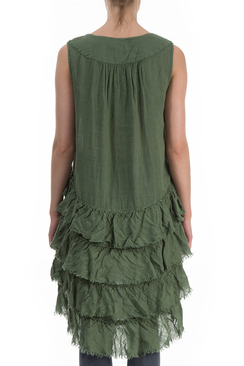 Ruffles Decorated Olive Linen Tunic - Dress