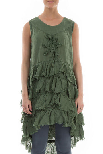 Ruffles Decorated Olive Linen Tunic - Dress