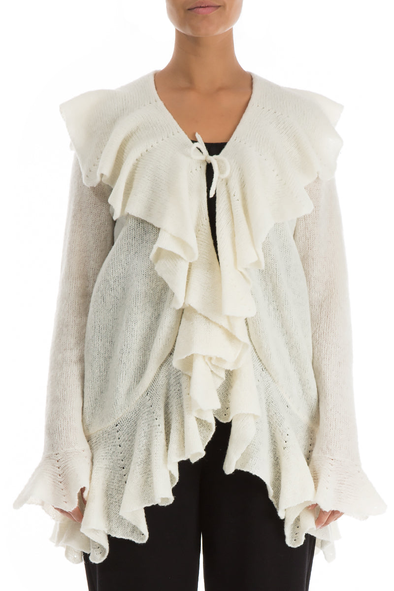 Ruffles Decorated White Wool Sweater